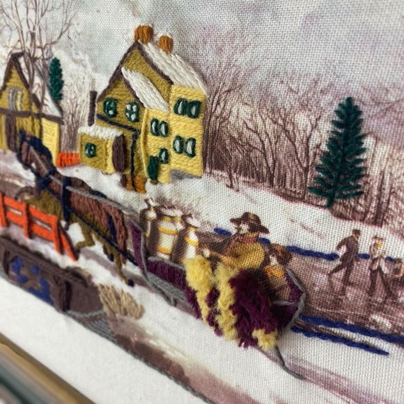 Vintage Crewel Needlepoint Folk Art Farmhouse Sleigh Ride Wall Art Picture - Picture 6 of 14